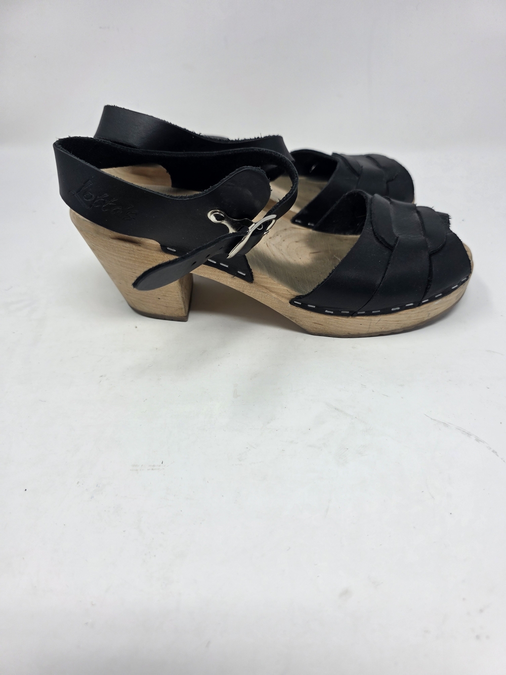 Lottas From Stockholm Black Leather Woven Peep Toe Wooden Clog Sandals Size 38